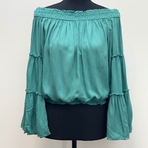Free People‎ Womens Off Shoulder Top Bell Sleeve Green Textured Size S